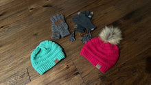 Load image into Gallery viewer, CC Beanie Warm Chunky Soft Cable Knit Stretch Pom Pom Ball Pink Green Gloves