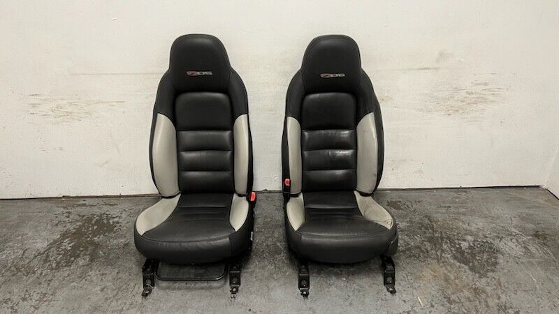 06 12 Corvette Z06 Leather Black Gray Front Driver Passenger Seats Heated Pair