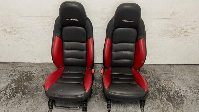 06 12 Corvette Z06 Leather Black Red Front Driver Passenger Seats Heated Pair