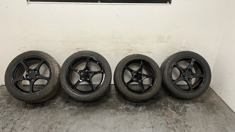 00 02 C5 Corvette Factory 17'' 18'' Black Wheels Tires 9593799 GM 18x9.5 17x8.5