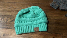 Load image into Gallery viewer, CC Beanie Warm Chunky Soft Cable Knit Stretch Pom Pom Ball Pink Green Gloves
